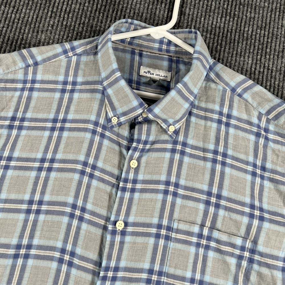 Peter Millar Shirt Mens 2XL XXL Blue Plaid Long Sleeve Button Down Casual Dress